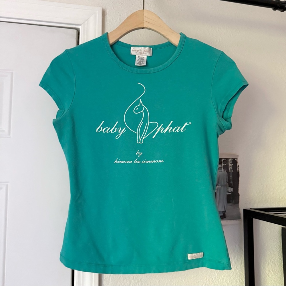 BABY PHAT teal aqua green y2k crew neck logo graphic crew neck tee t-shirt